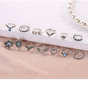 15 pcs/set Women's Rings Set Crystal Crown Vintage Rings