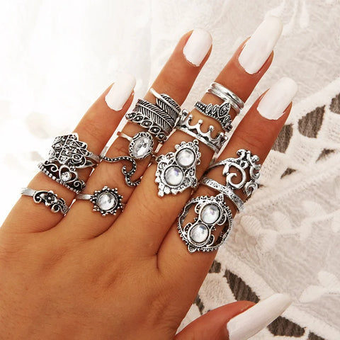 15 pcs/set Women's Rings Set Crystal Crown Vintage Rings