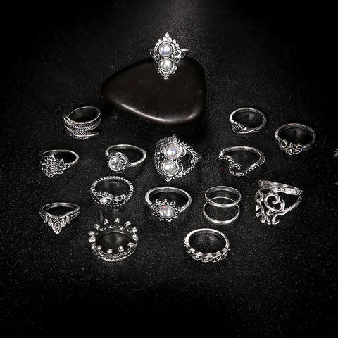 15 pcs/set Women's Rings Set Crystal Crown Vintage Rings