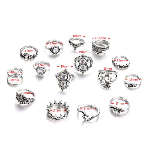 15 pcs/set Women's Rings Set Crystal Crown Vintage Rings